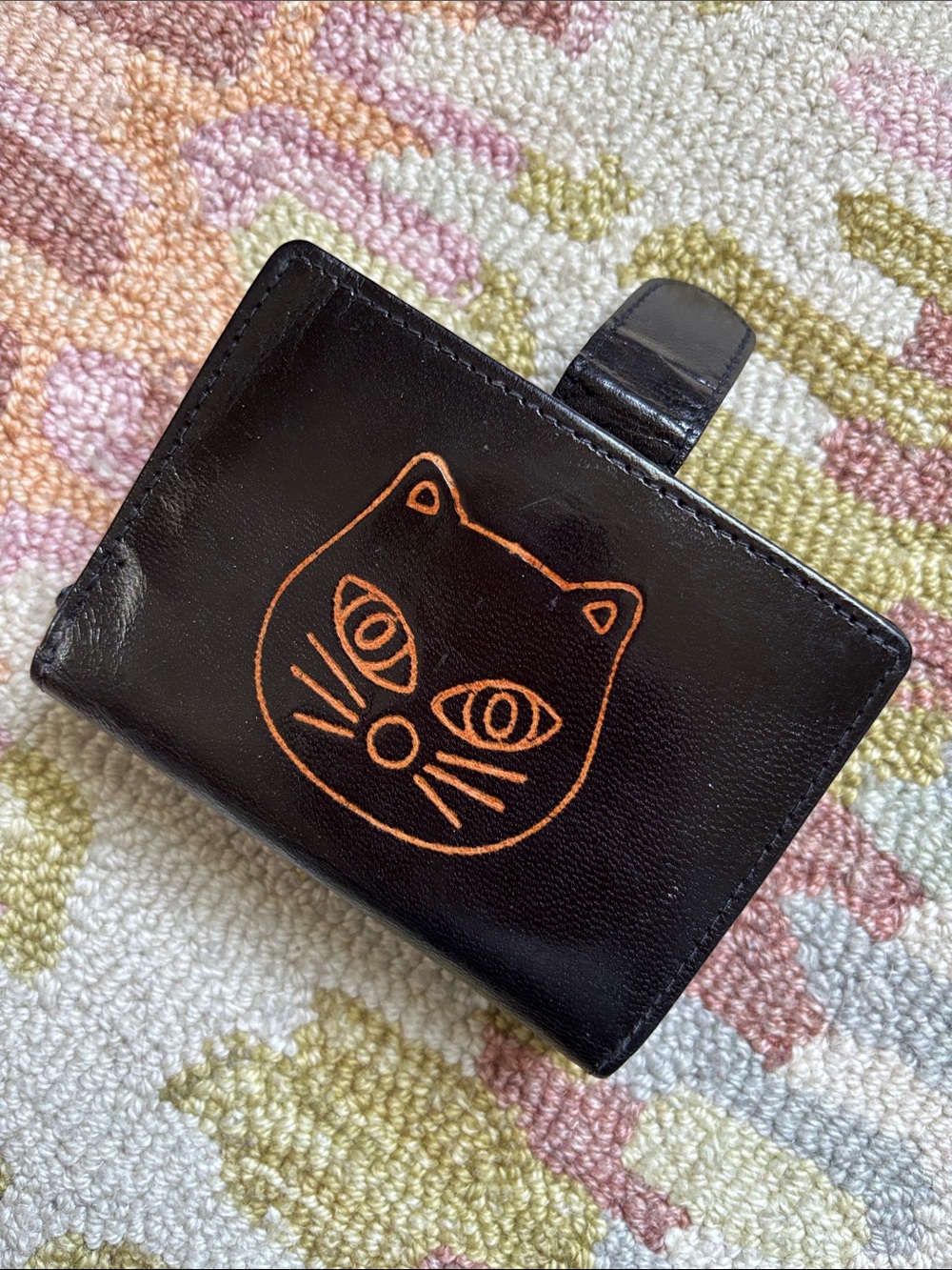 Black Cat Face leather wallet like new condition artisan crafted holds so much
